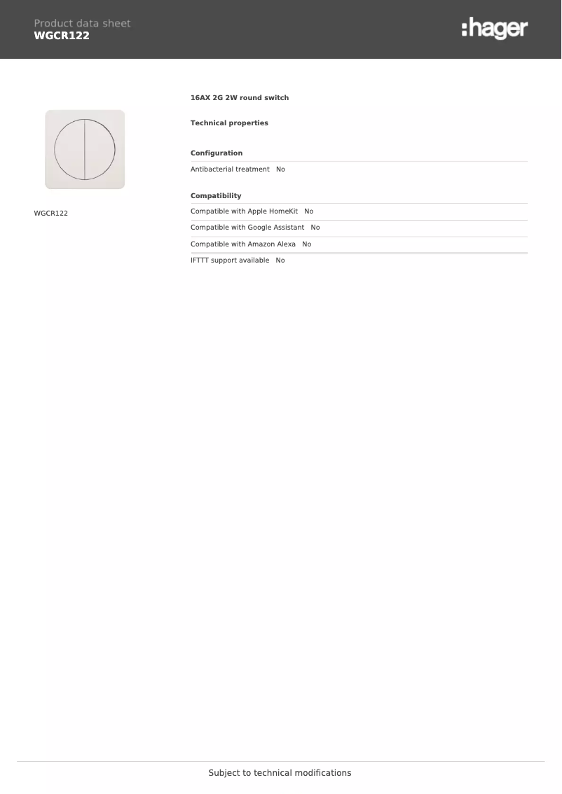 Página 1 del manual Ficha técnica Hager WGCR122