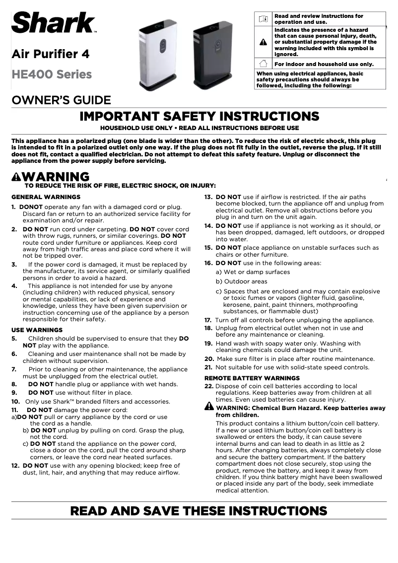 Page 1 de la notice Manuel utilisateur Shark HE401