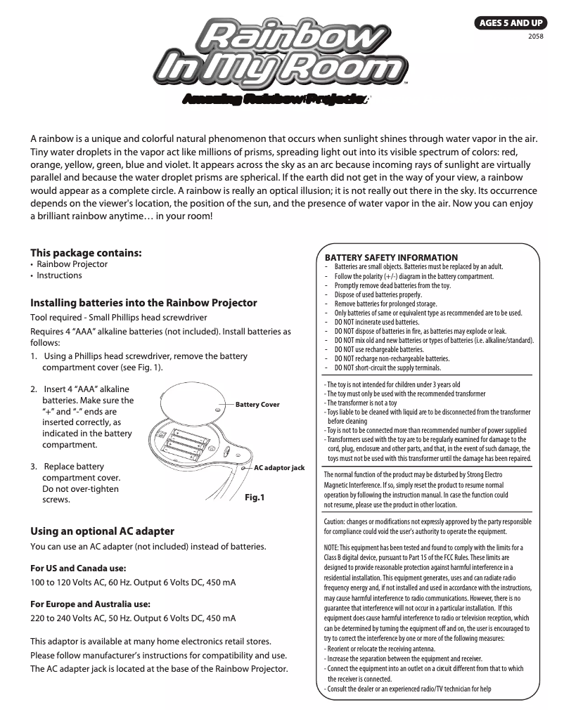 Page 1 de la notice Manuel utilisateur Uncle Milton Rainbow In My Room 2063