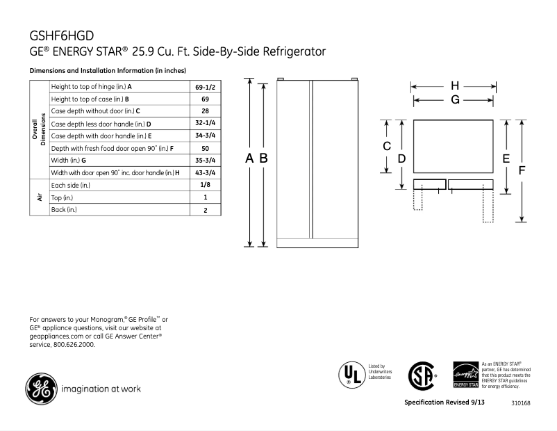 Página 1 del manual Ficha técnica GE GSHF6HGDBB