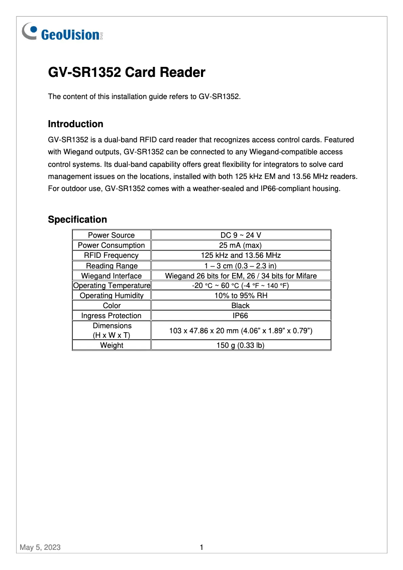 Page 1 de la notice Manuel utilisateur Geovision GV-SR1352