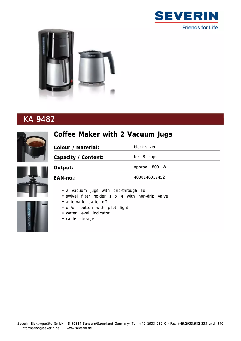 Page 1 de la notice Fiche technique Severin KA 9482