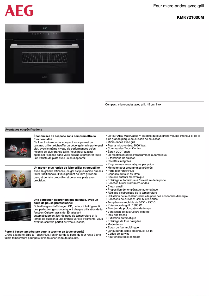 Page 1 de la notice Fiche technique AEG KMK721000M
