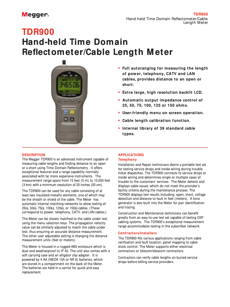 Page 1 de la notice Fiche technique Megger TDR900