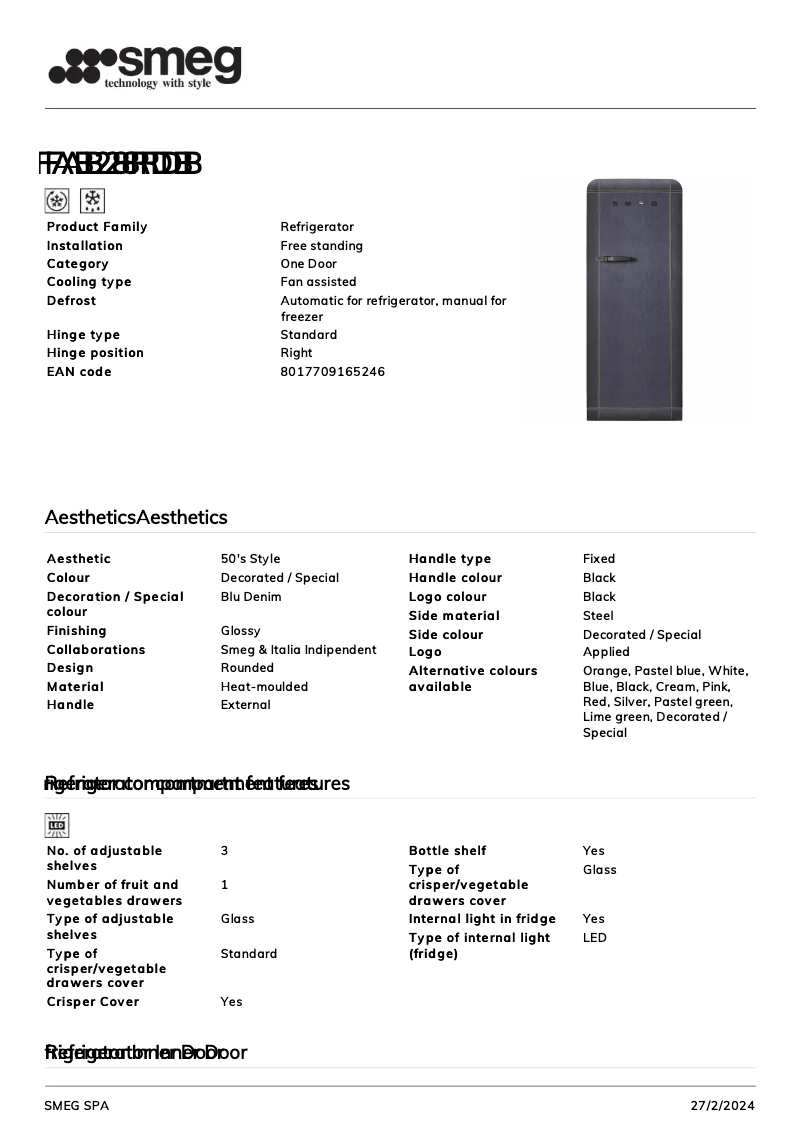 Page 1 de la notice Fiche technique Smeg FAB28RDB