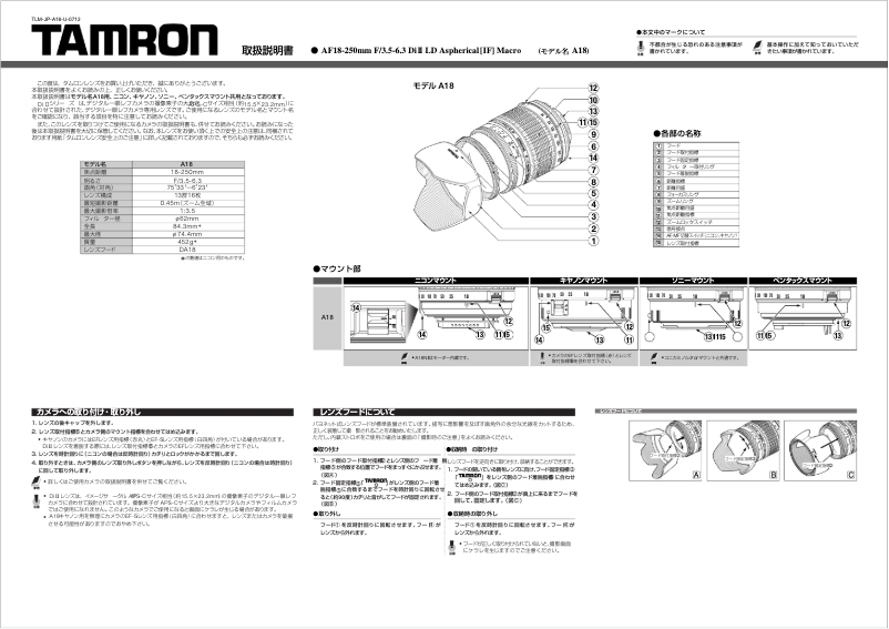 Page n°1 - Manuel utilisateur Tamron AF18-250mm F/3.5-6.3 Di II LD Aspherical [IF] MACRO