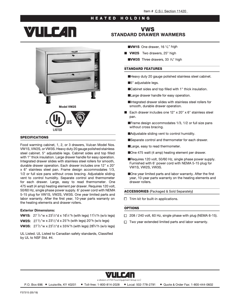 Page 1 de la notice Fiche technique Vulcan VW2S