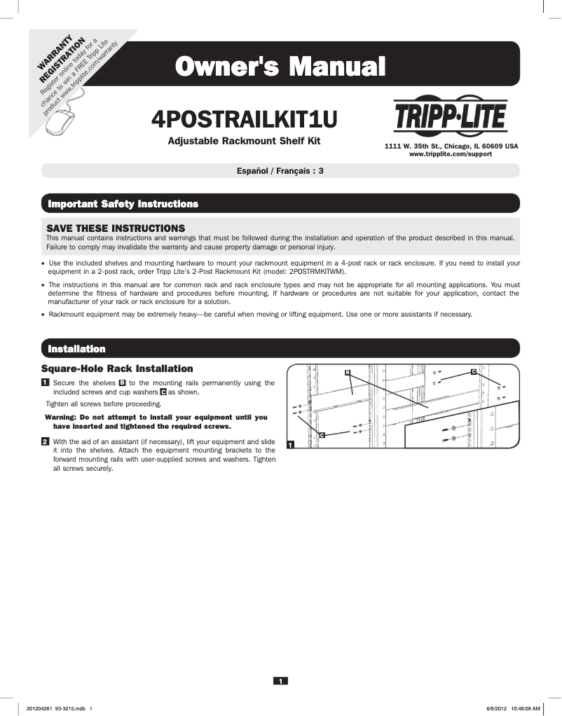 Page 1 de la notice Manuel utilisateur Tripp Lite 4POSTRAILKITWM