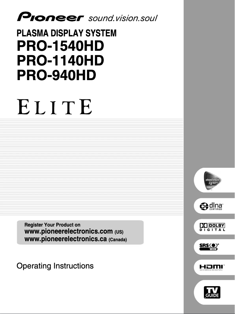 Page n°1 - Manuel utilisateur Pioneer PRO-1540HD