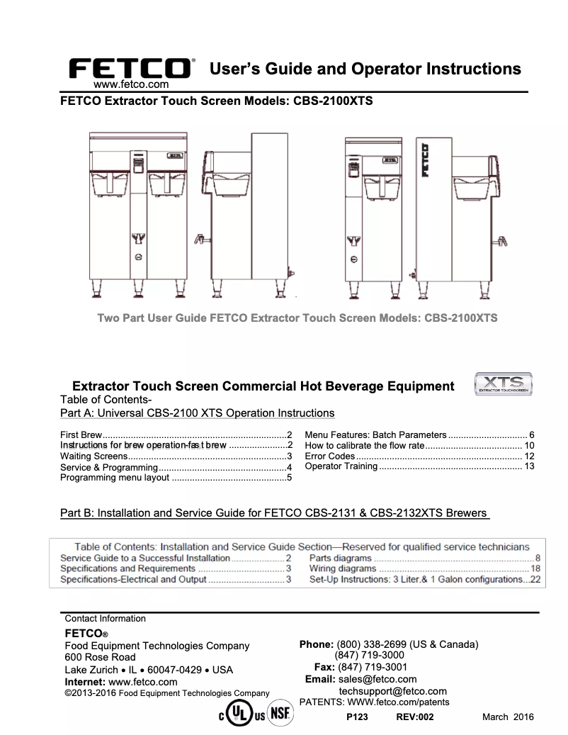 Page 1 de la notice Manuel utilisateur Fetco CBS-2142XTS