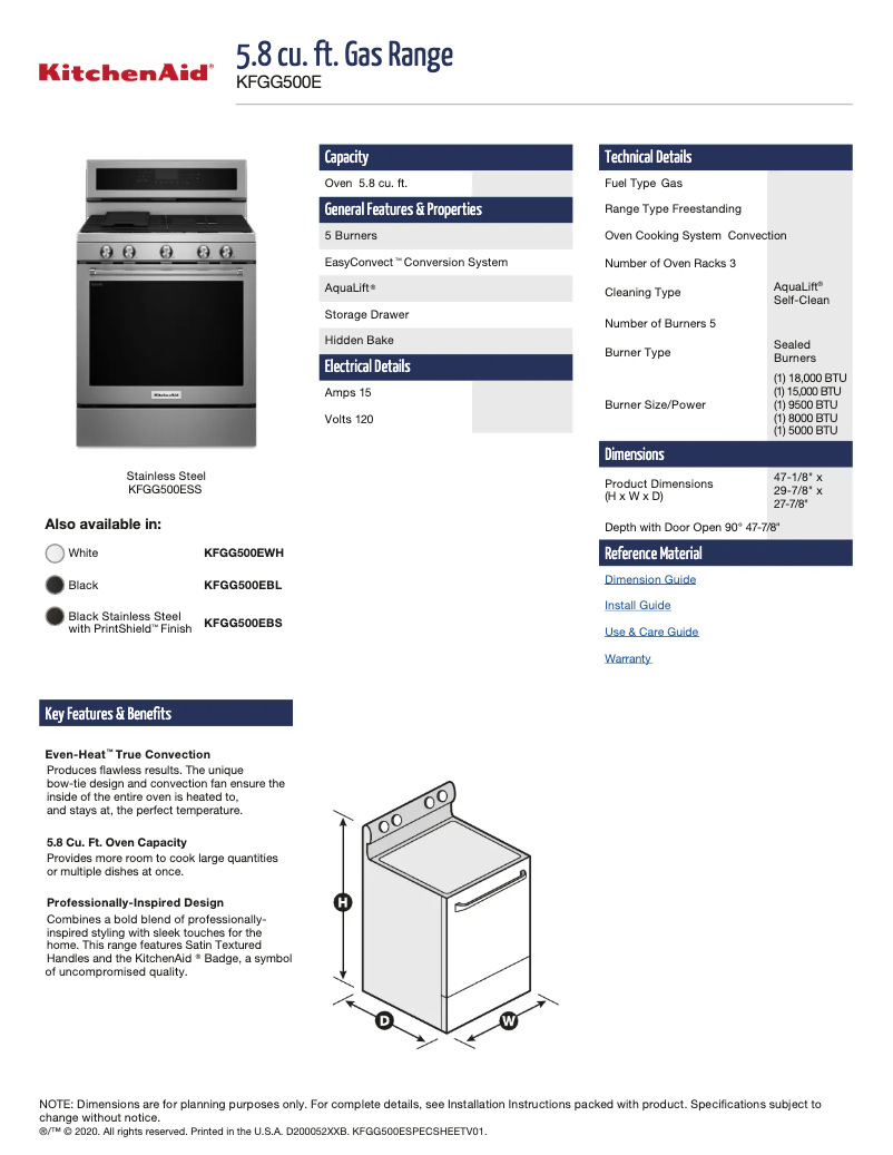 Página 1 del manual Ficha técnica KitchenAid KFGG500EBL