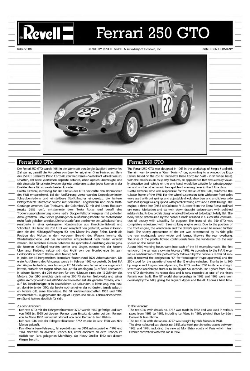 Page 1 de la notice Manuel utilisateur Revell 250 GTO