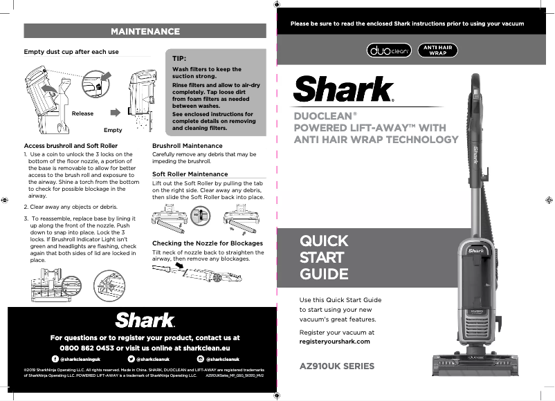 Page 1 de la notice Manuel utilisateur Shark DuoClean Powered Lift-Away AZ910UK