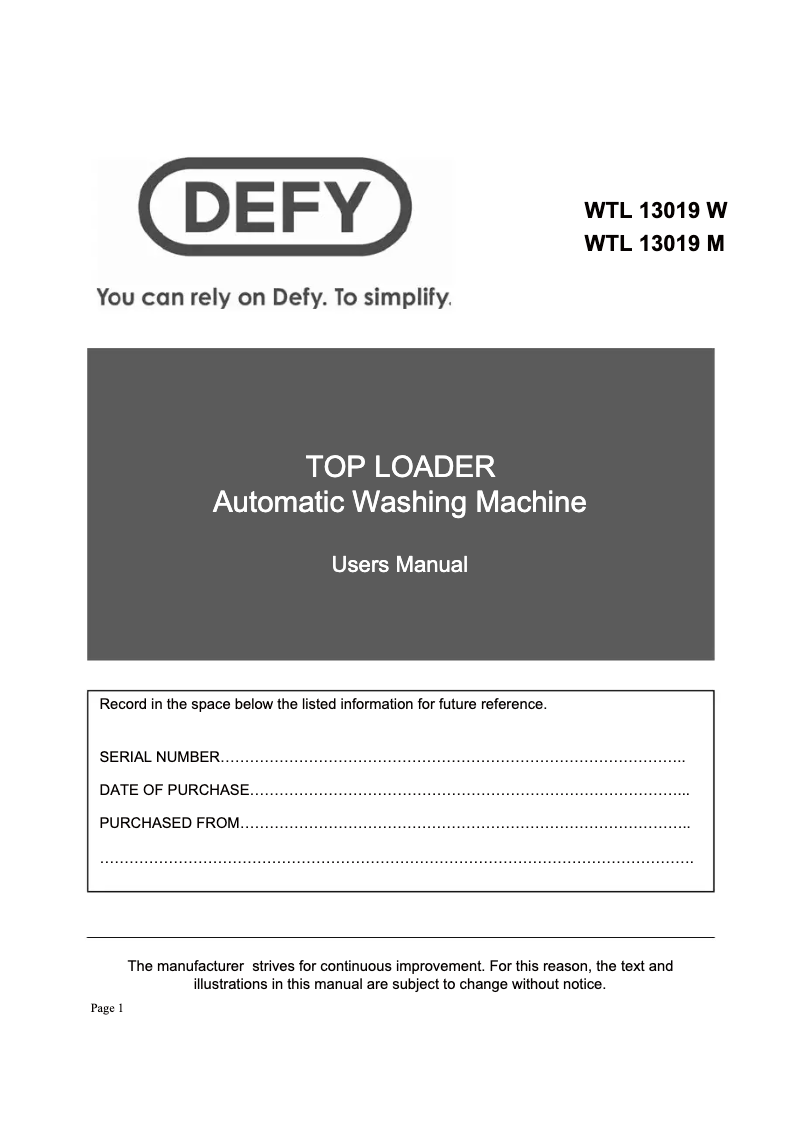 Page 1 de la notice Manuel utilisateur Defy WTL 13019 W