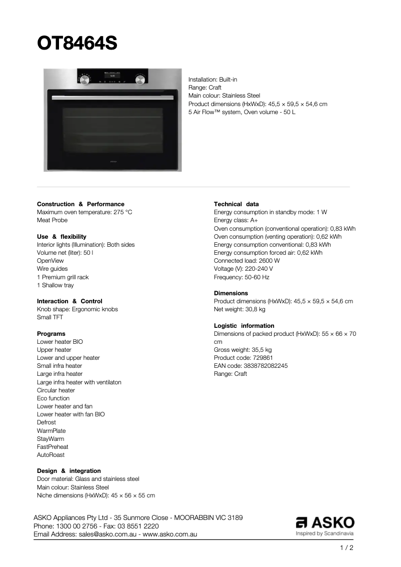 Page 1 de la notice Fiche technique Asko OT8464S