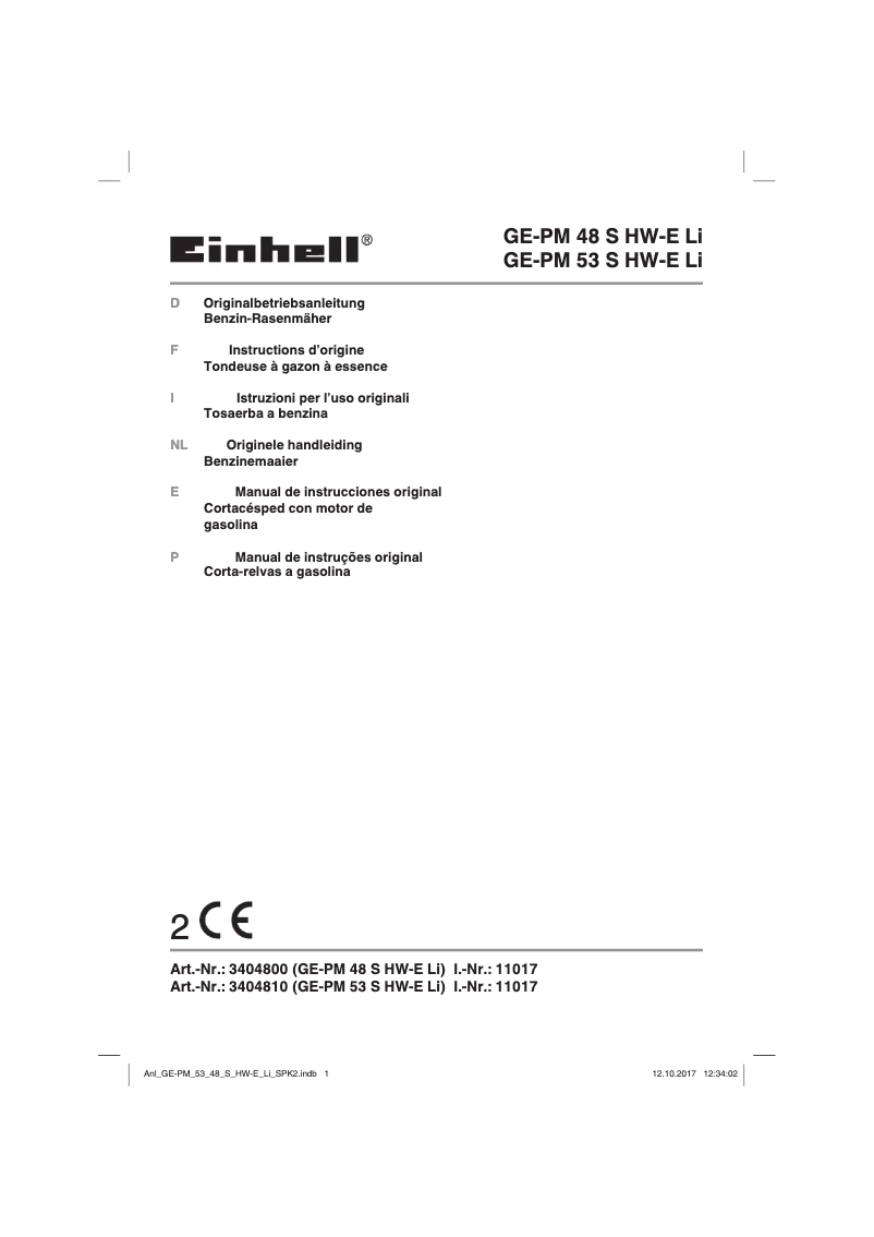 Page n°1 - Manuel utilisateur Einhell GE-PM 53 S-HW E Li