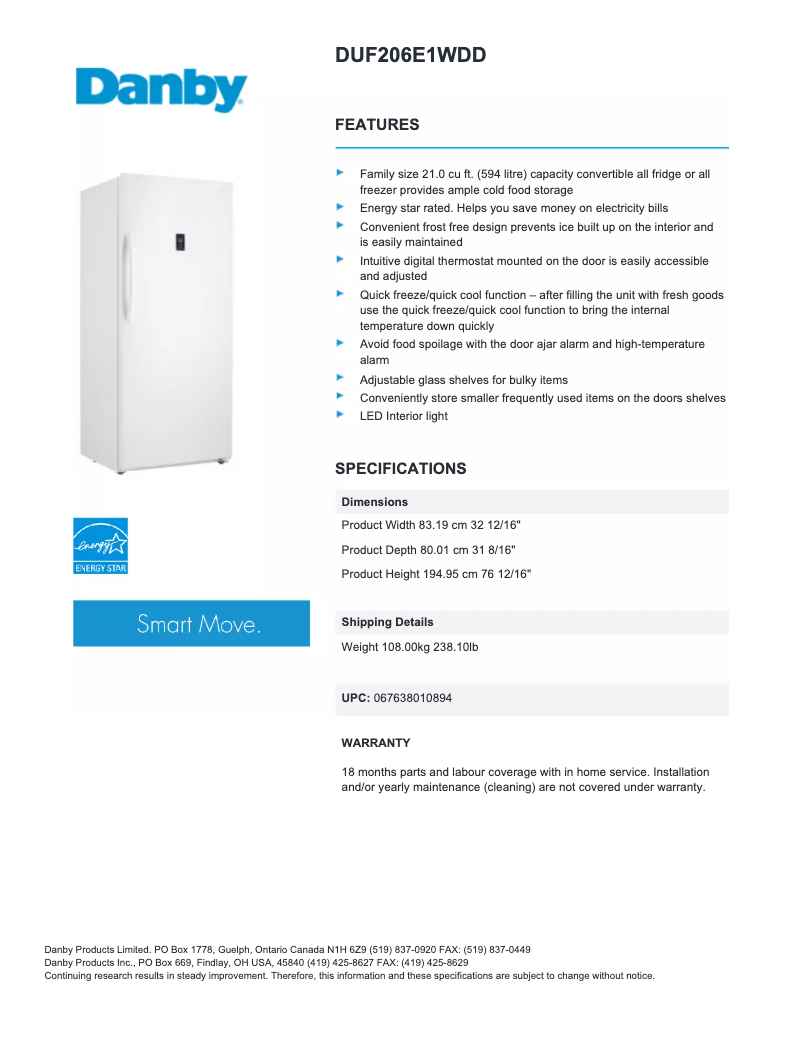 Página 1 del manual Ficha técnica Danby DUF206E1
