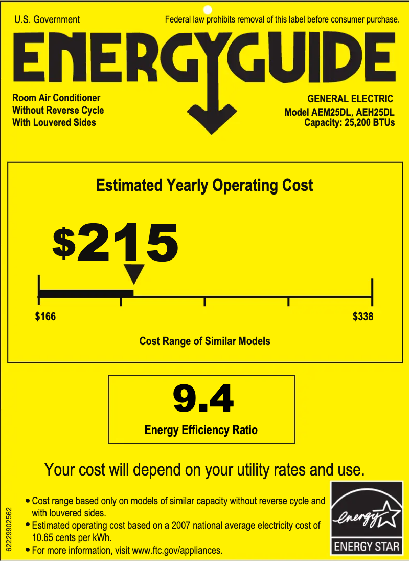 Page 1 de la notice Label énergétique GE AEM25DL