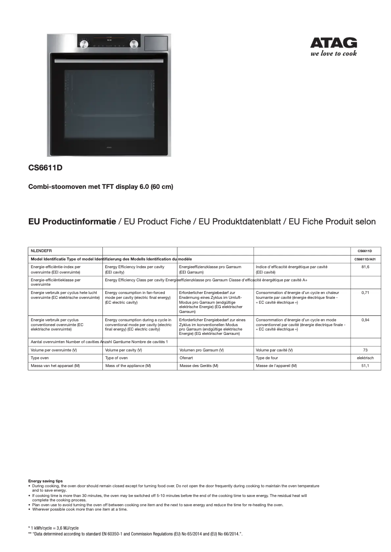 Page 1 de la notice Manuel utilisateur Atag CS6611D