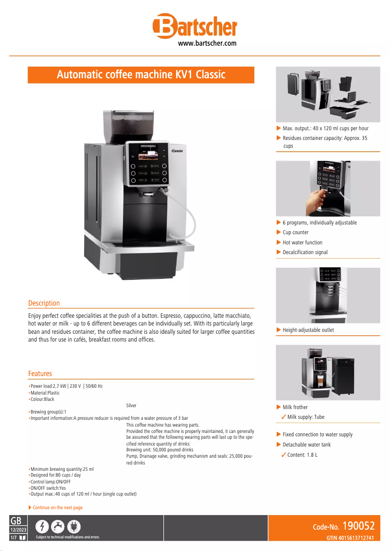 Page 1 de la notice Fiche technique Bartscher KV1 Classic