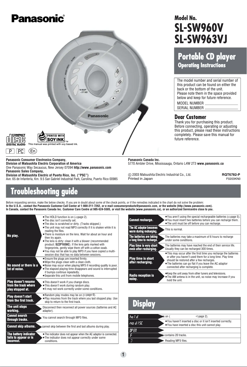 Page n°1 - Manuel utilisateur Panasonic SL-SW963