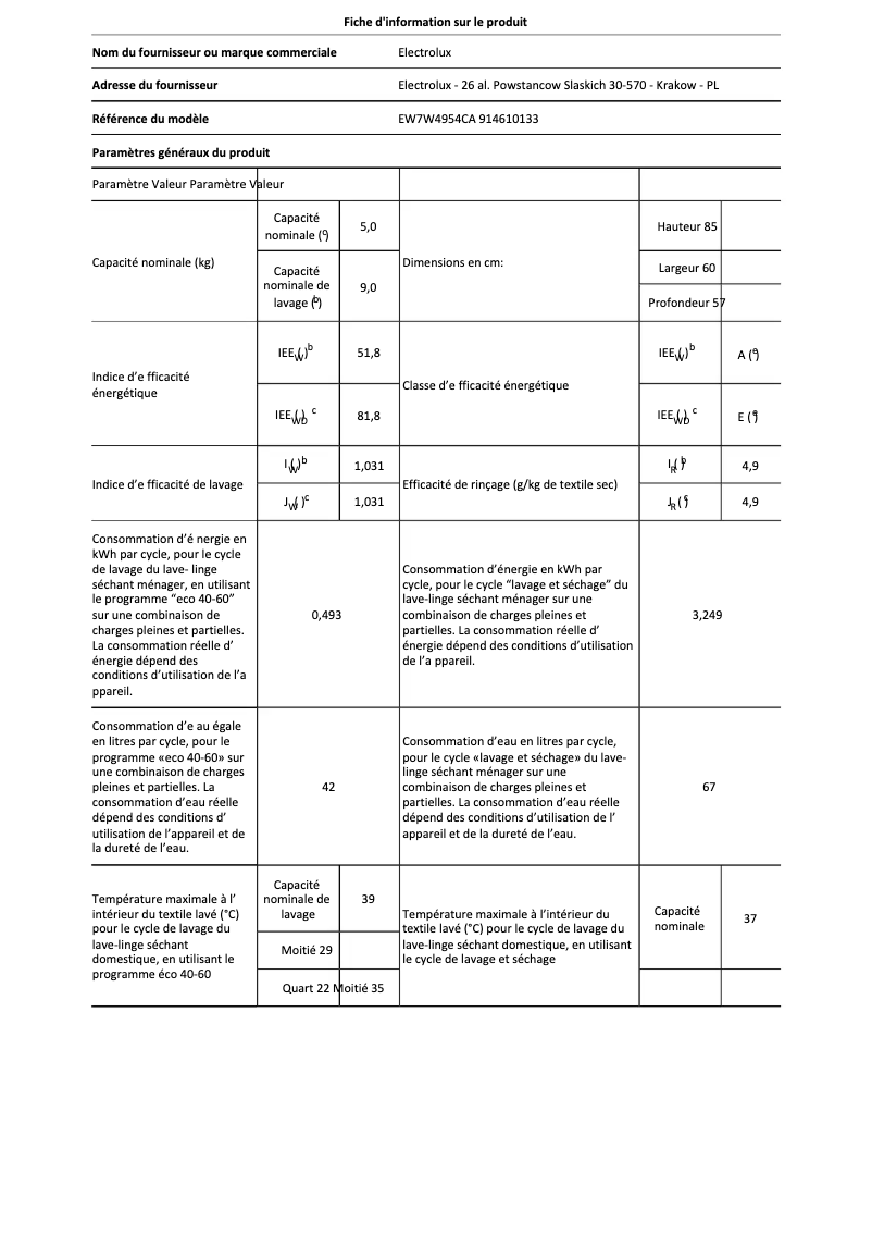 Page 1 de la notice Fiche technique Electrolux EW7W4954CA