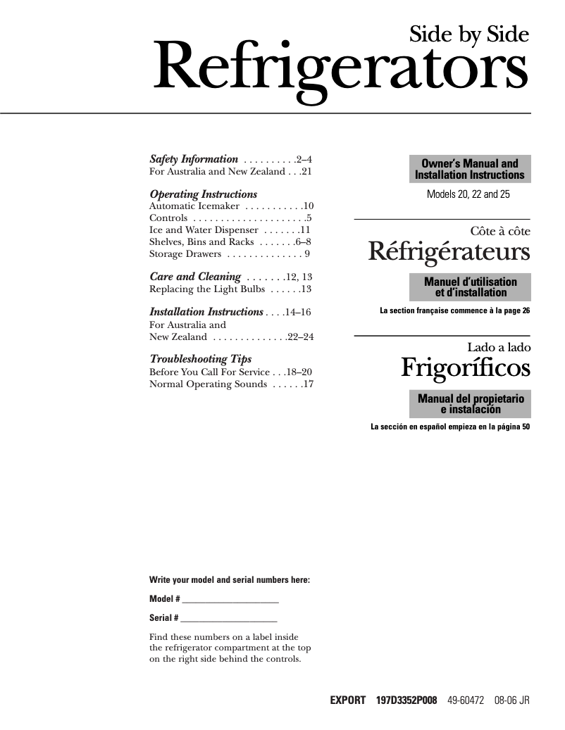 Page n°1 - Manuel d'utilisation et d'entretien GE GSH22KGRWW