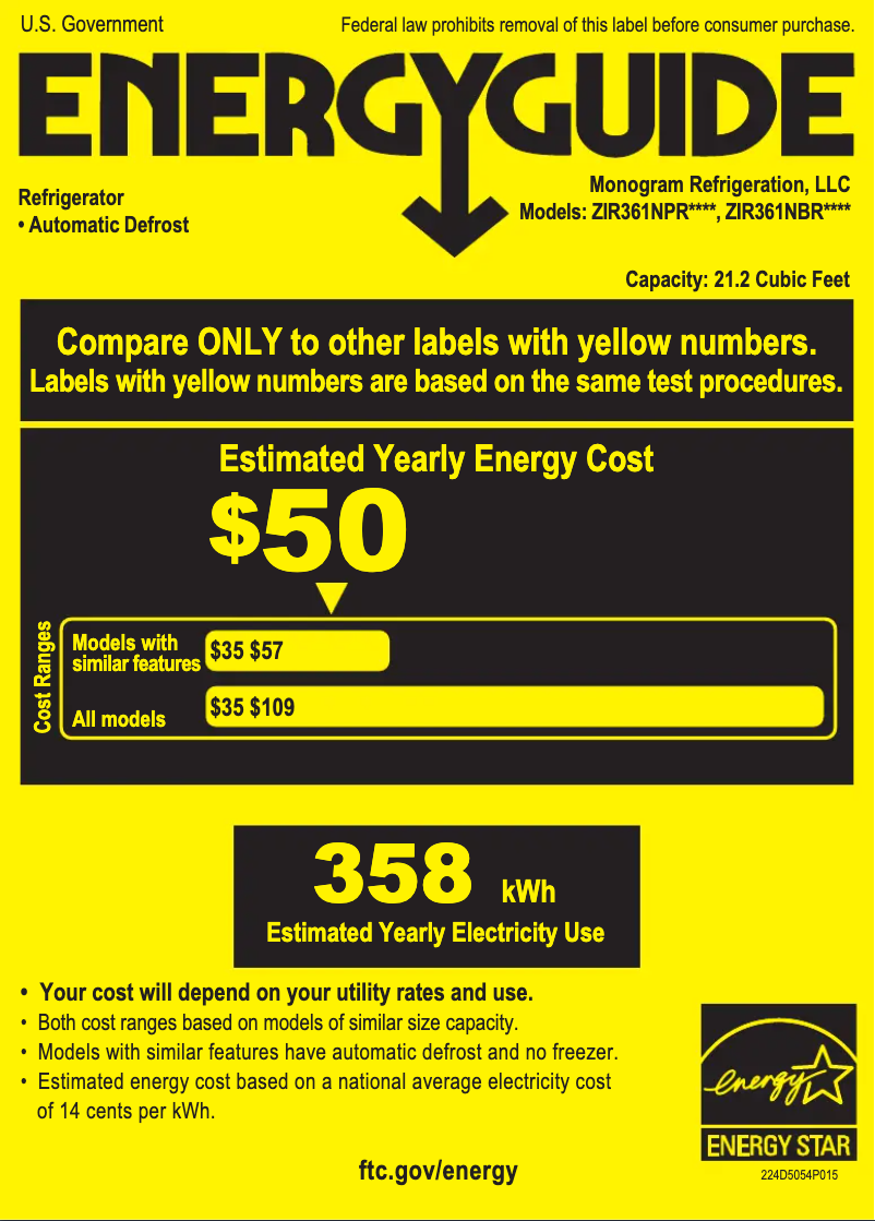 Page 1 de la notice Label énergétique Monogram ZIR361NBRII