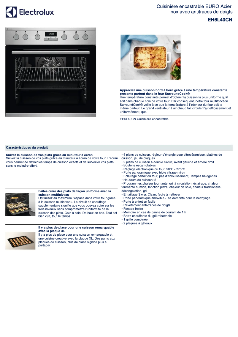 Page 1 de la notice Fiche technique Electrolux EH6L40CN