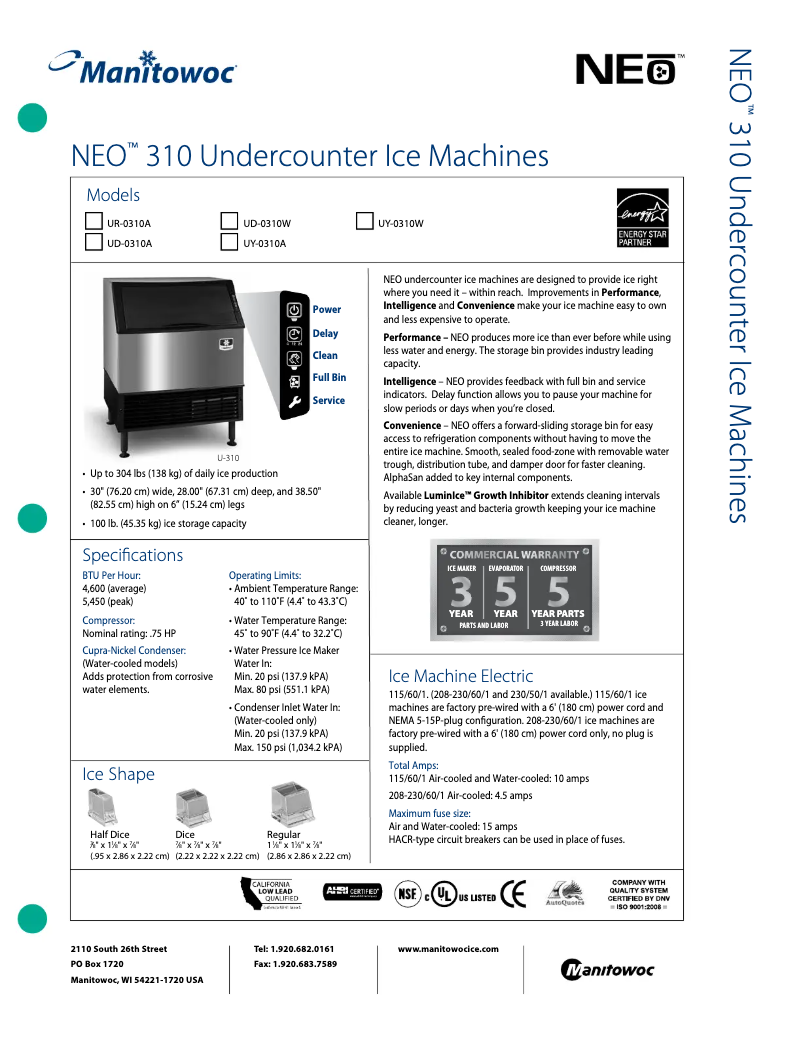 Page n°1 - Fiche technique Manitowoc UR-0310A