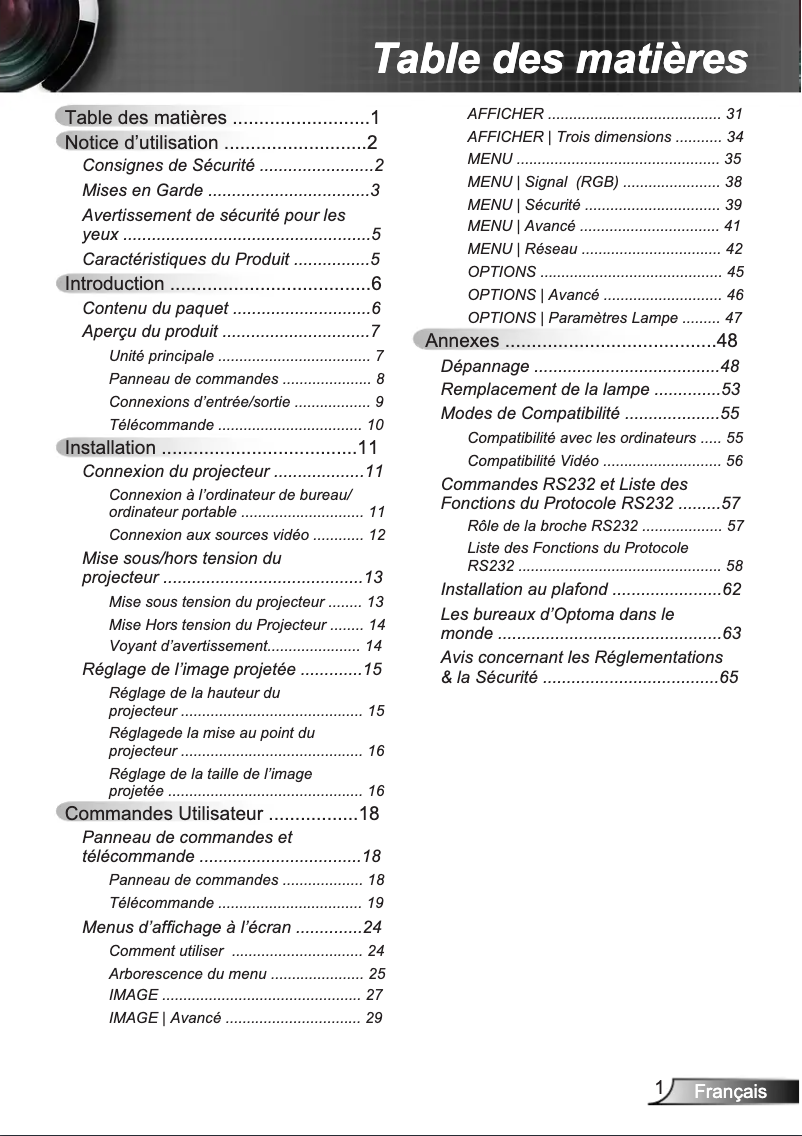 Page n°1 - Manuel utilisateur Optoma EX610ST