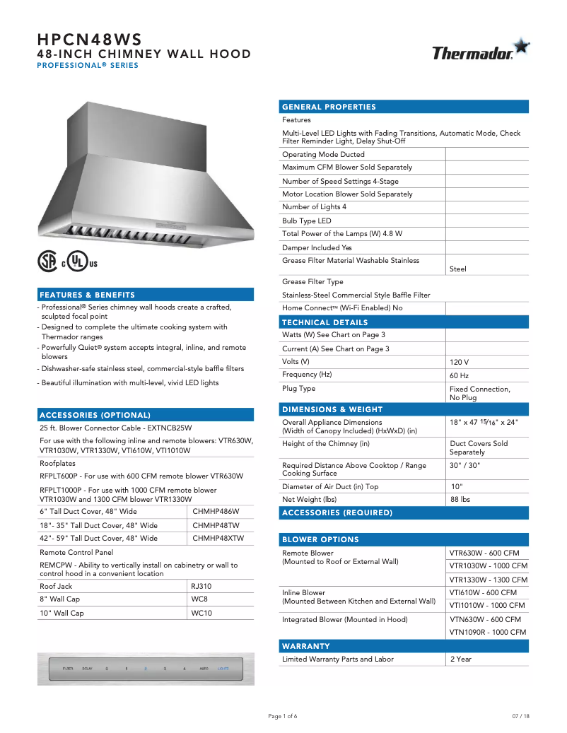 Page 1 de la notice Fiche technique Thermador HPCN48WS
