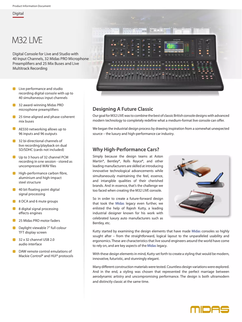 Page 1 de la notice Fiche technique Midas M32 Live