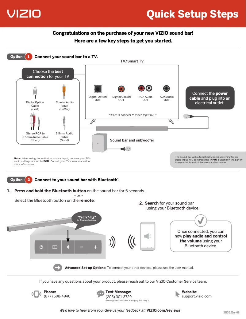 Page 1 de la notice Guide de démarrage rapide VIZIO SB3621n-H8