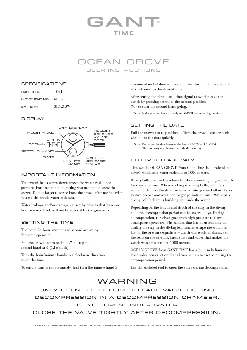 Page 1 de la notice Manuel utilisateur Gant Ocean Grove 1061