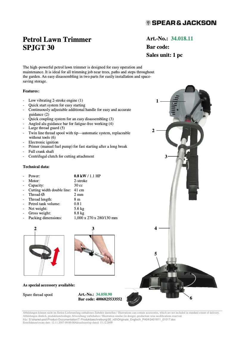 Page 1 de la notice Fiche technique Spear & Jackson SPJGT 30