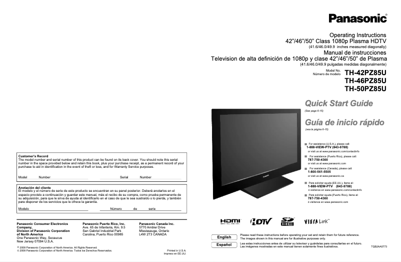 Page 1 de la notice Manuel utilisateur Panasonic Viera TH-42PZ85