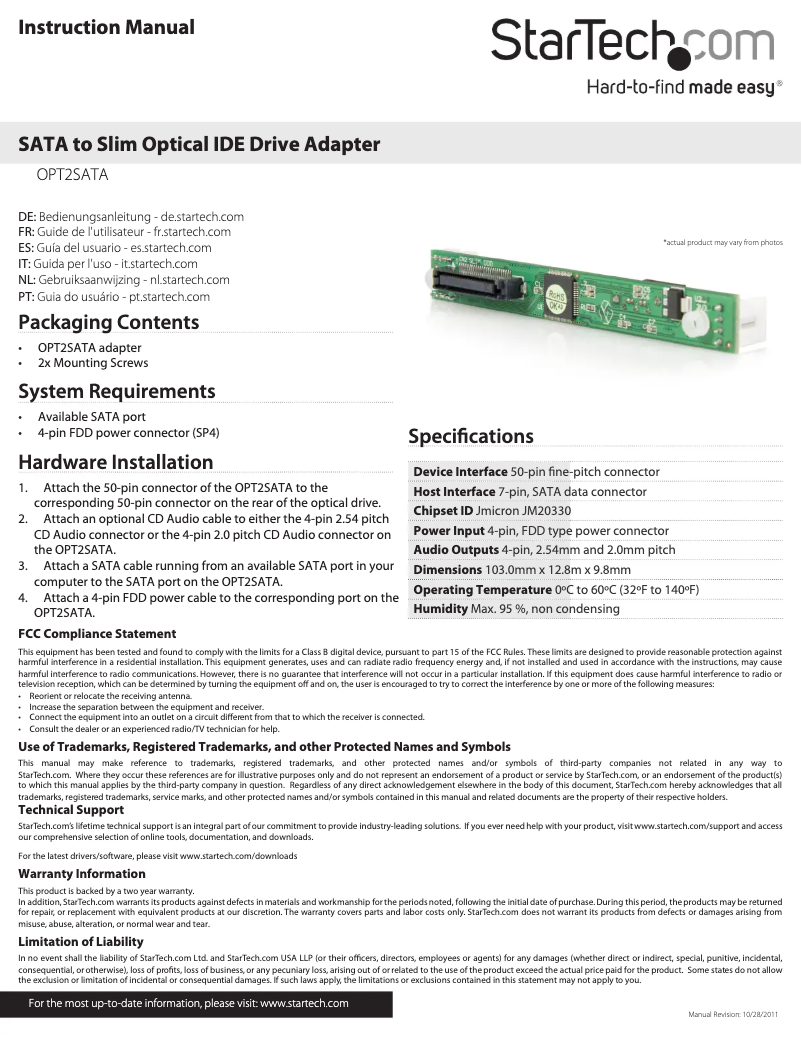 Page 1 of the manual User Manual StarTech.com OPT2SATA