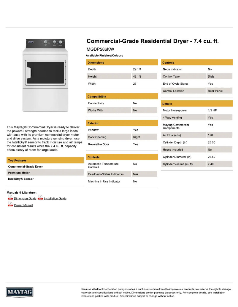 Page 1 de la notice Fiche technique Maytag MGDP586KW