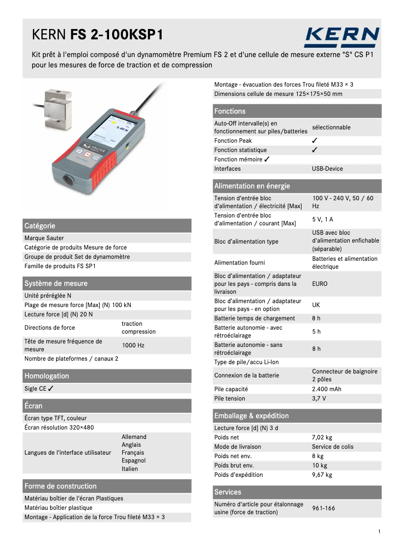 Page 1 de la notice Fiche technique Kern FS 2-100KSP1
