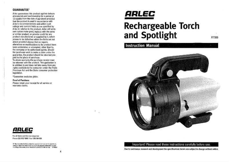 Page n°1 - Manuel utilisateur Arlec RT500