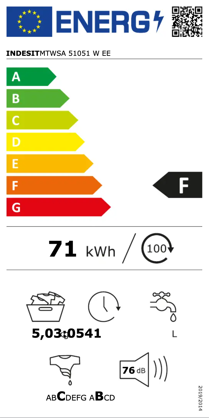 Page n°1 - Label énergétique Indesit MTWSA 51051 W EE