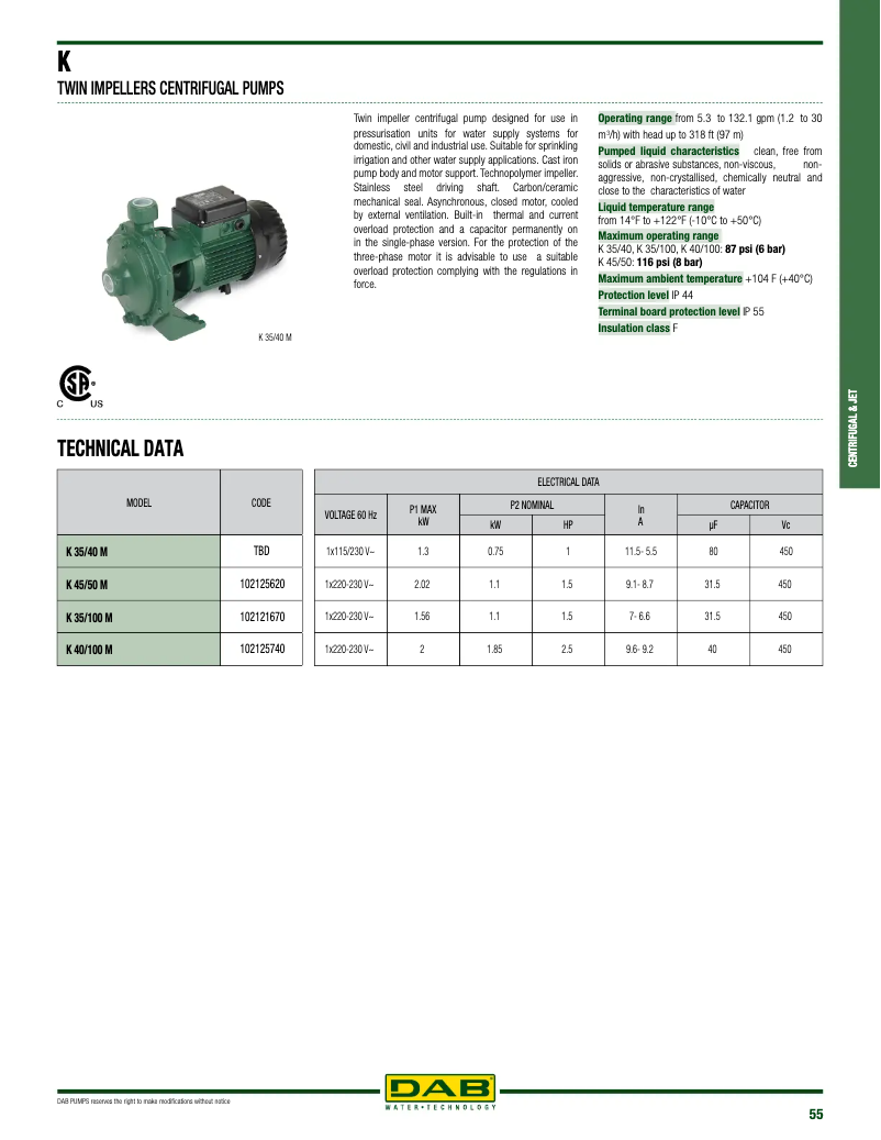 Page 1 de la notice Fiche technique DAB K Twin Impeller