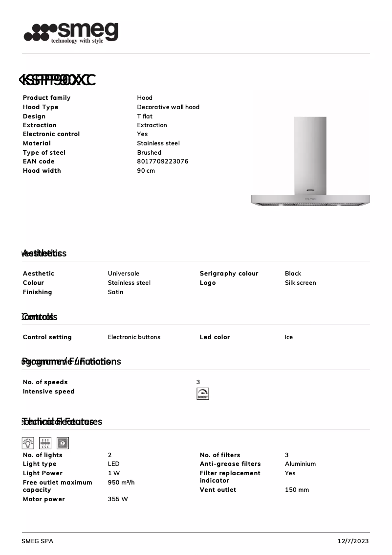 Page 1 de la notice Fiche technique Smeg KSPP90XC