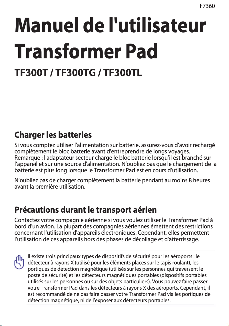 Image de la première page du manuel de l'appareil Transformer Pad TF300TL