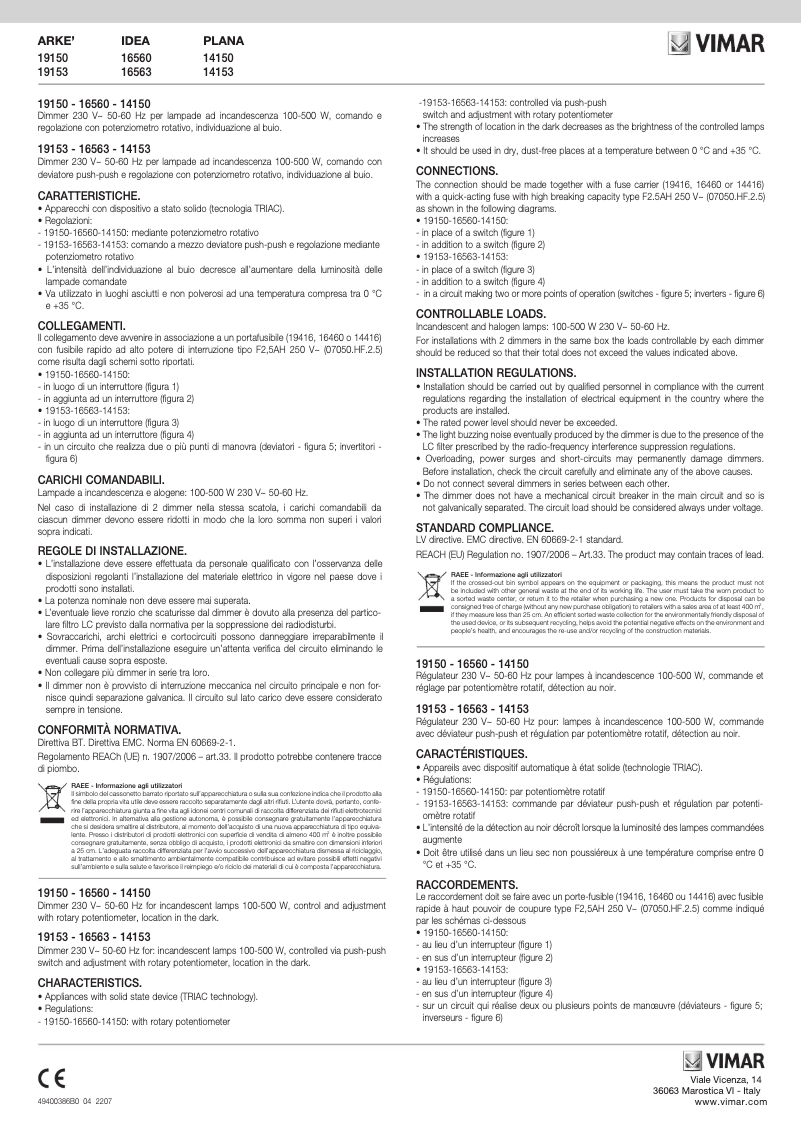 Page 1 de la notice Manuel utilisateur Vimar 19150