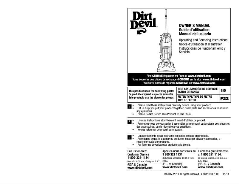 Page n°1 - Manuel utilisateur Dirt Devil Featherlite