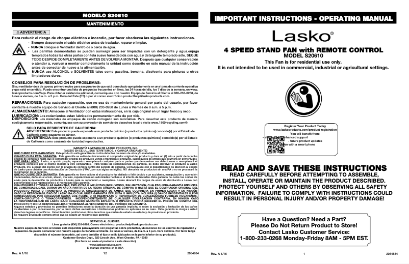 Page 1 de la notice Manuel utilisateur Lasko S20610