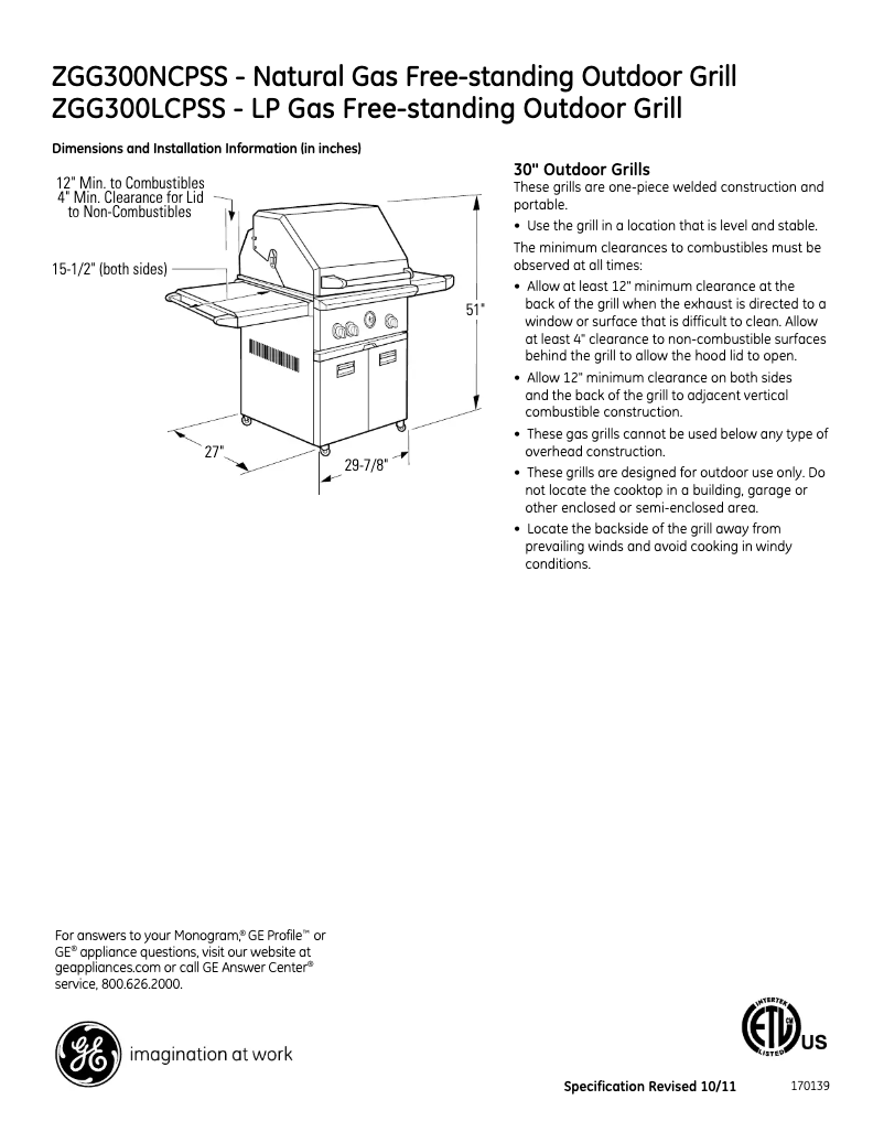 Page 1 de la notice Fiche technique GE ZGG300NCPSS