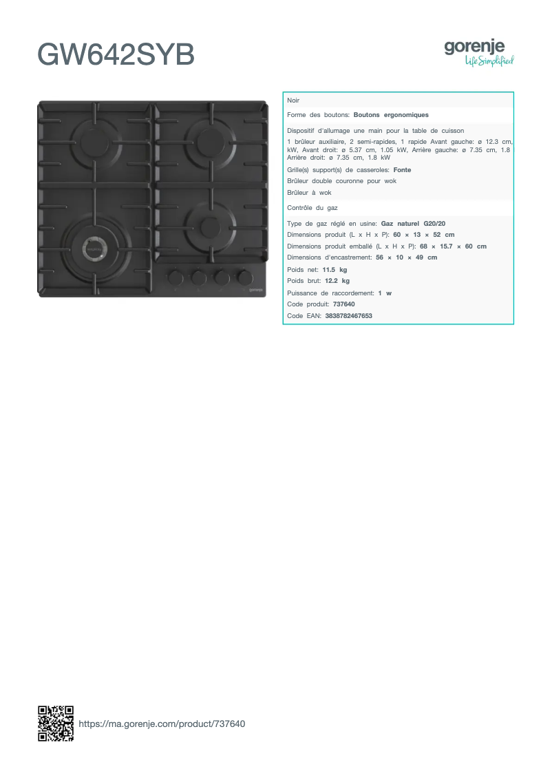 Page n°1 - Fiche technique Gorenje GW642SYB